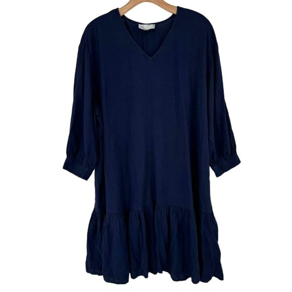 Nordstrom Rack Womens Navy Blue mini Dress tunic Size L large linen  V Neck - Picture 1 of 9